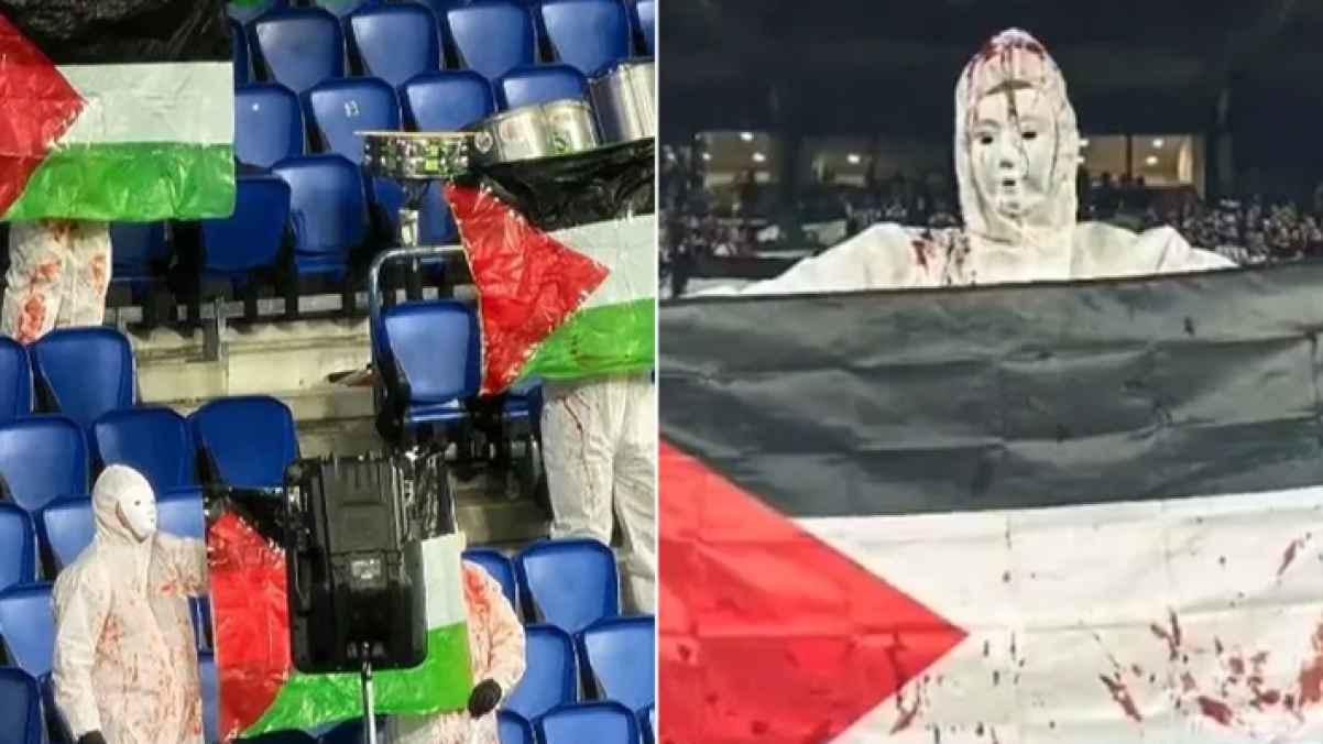 جماهير سوسيداد ترتدي ملابس ملطخة بالأحمر وترفع أعلام فلسطين - فيديو